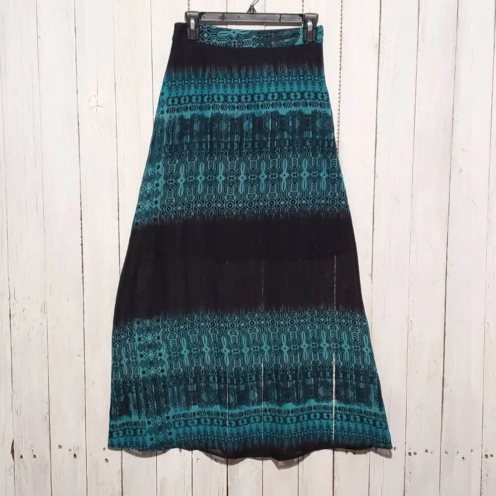Women's XS Maxi Skirt Teal Black Boho Tribal Festival Ethnic Funky 70s Indie Mod
